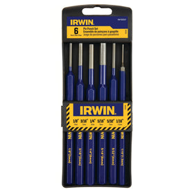 IRWIN punch set with tempered steel finish, durable construction for repeated use in metalworking projects.