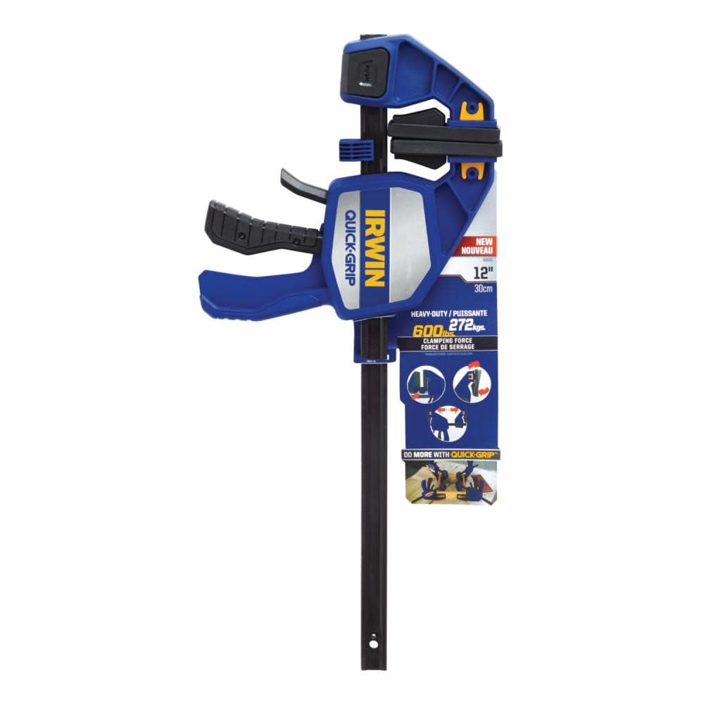 IRWIN Quick-Grip 12inch bar clamp with swivel jaws for even pressure distribution.