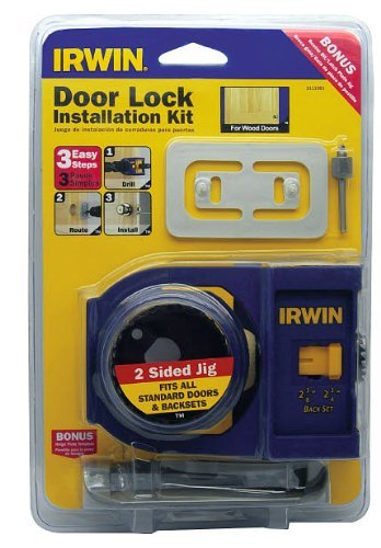 IRWIN self-centering jig demonstrates door width compatibility for secure installs