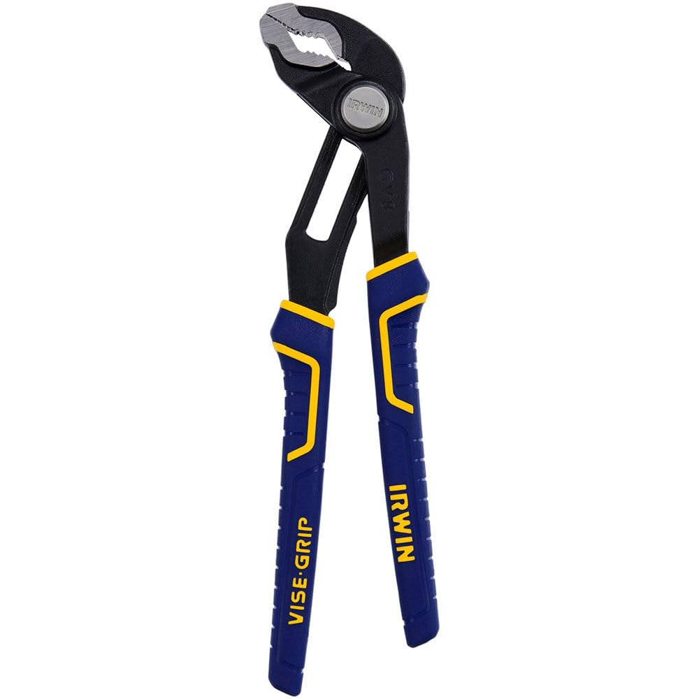 IRWIN VISE-GRIP V-Jaw 8-inch in action showing versatile grips for round, flat, and hex shapes for repairs.