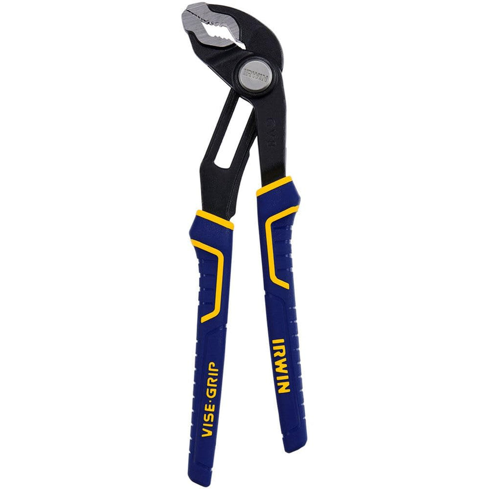 IRWIN VISE-GRIP V-Jaw 8-inch in action showing versatile grips for round, flat, and hex shapes for repairs.