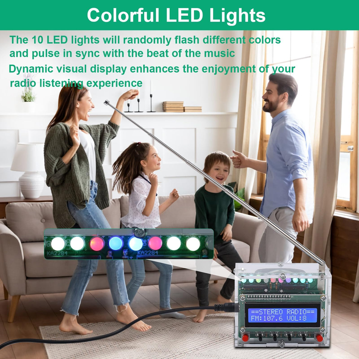 IS FM Radio Kit LCD1602 display view, clear frequency and volume information.