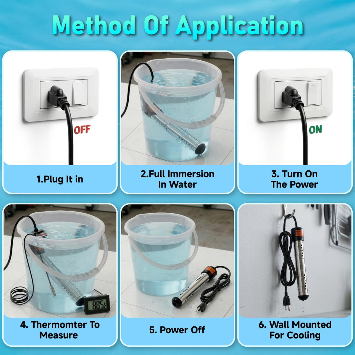 Bath tub setup with ISEEKLUX immersion heater for quick warmth.