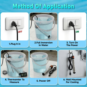 Bath tub setup with ISEEKLUX immersion heater for quick warmth.