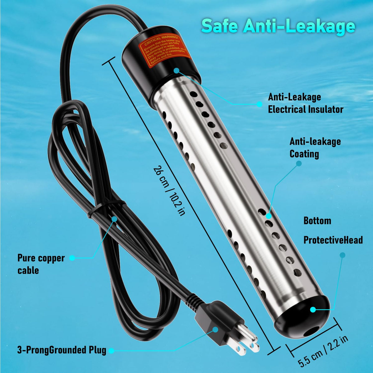 Plug-in operation with safety steps shown for ISEEKLUX immersion heater.