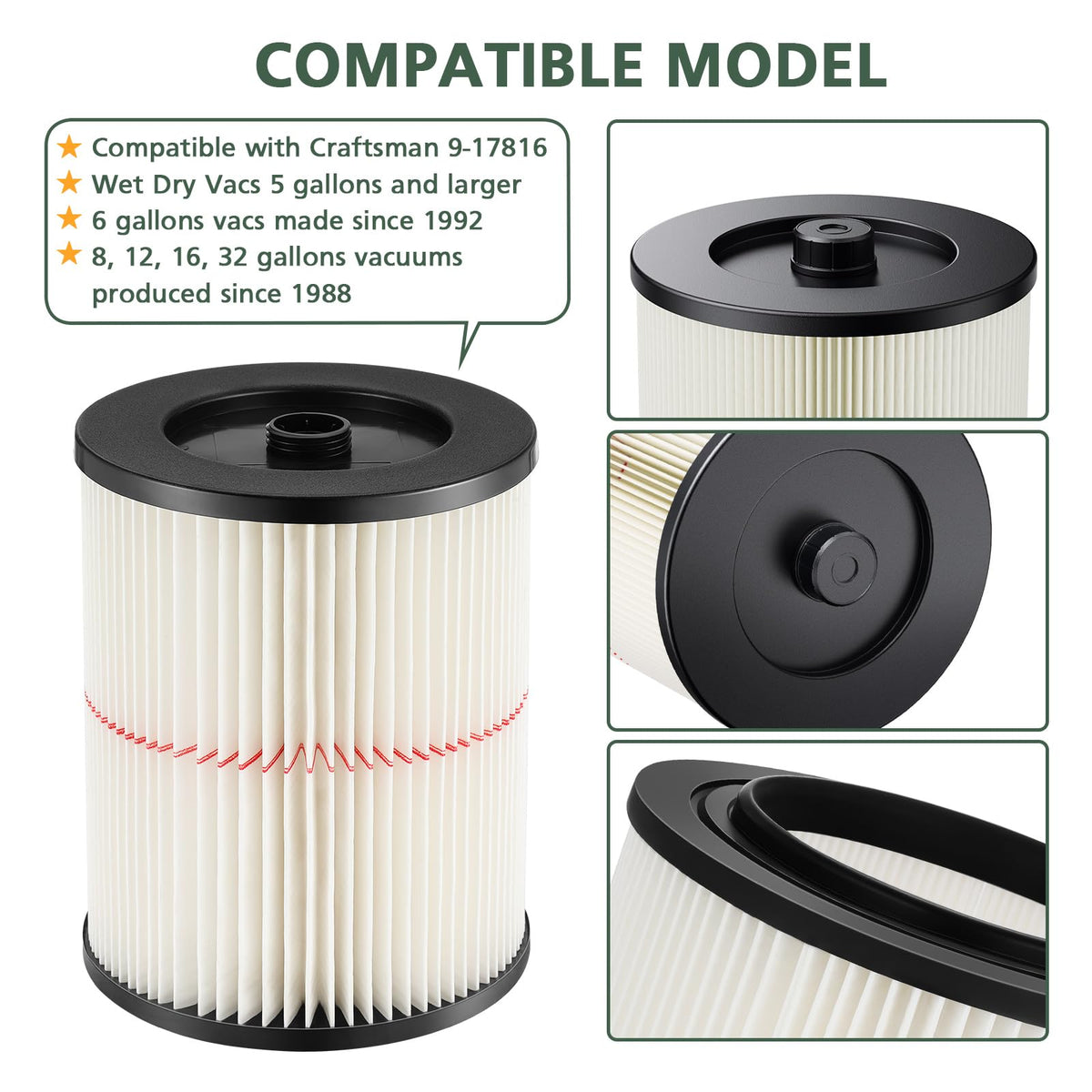 Isinlive red stripe vacuum filter compatible with multiple Craftsman models for easy fit