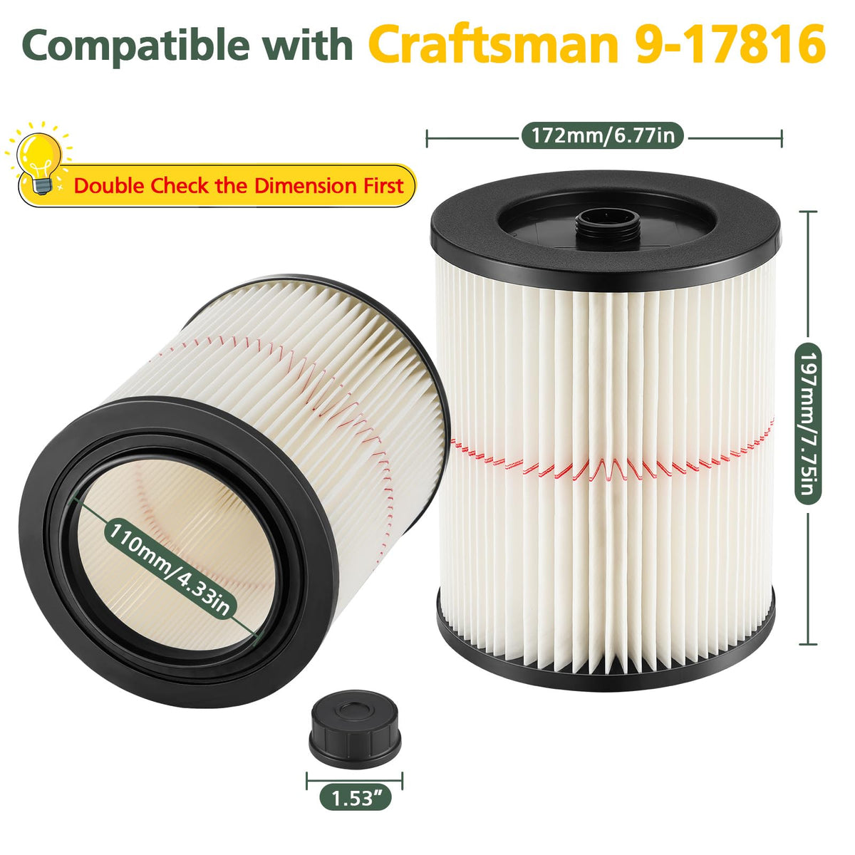 Isinlive red stripe vacuum filter 2-pack for continuous wet and dry cleaning
