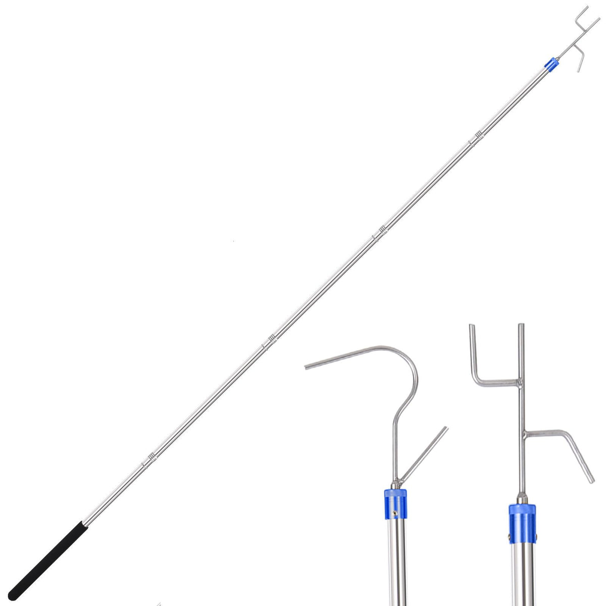 ISIVOVE extendable clothes hook pole for tall closets and high shelves.