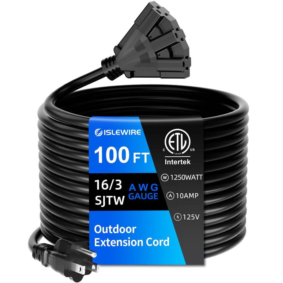 Islewire 100 ft outdoor extension cord powering tools in the yard