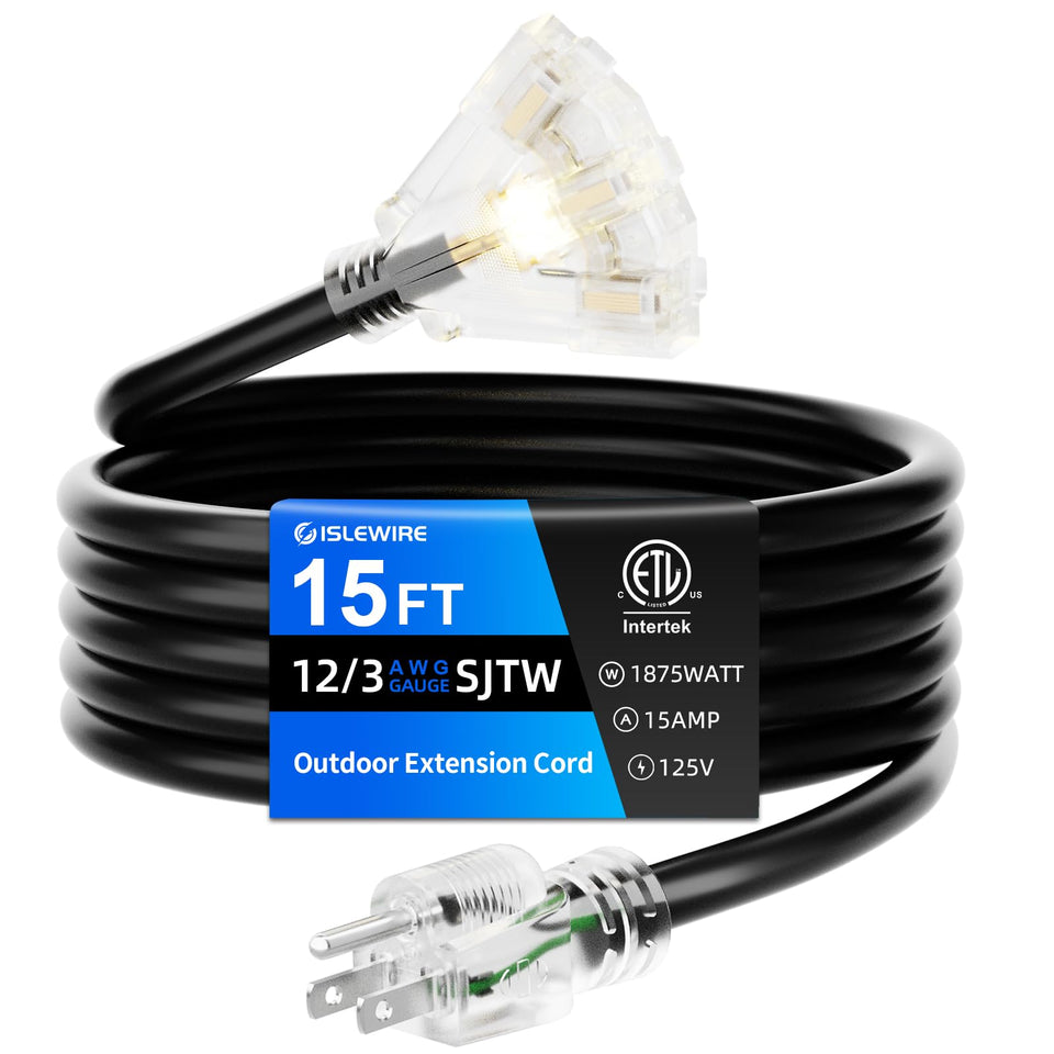 Islewire 15 ft outdoor extension cord with three outlets for extended reach