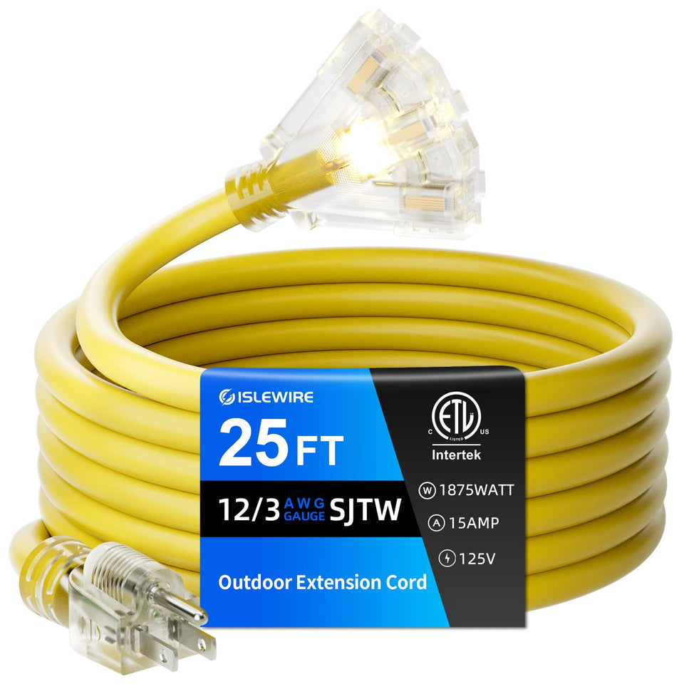 Islewire 25 ft outdoor extension cord with three outlets for long reach.