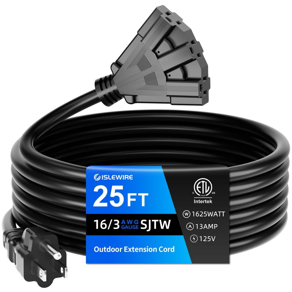 islewire 25ft outdoor extension cord with long reach for tools and lights.