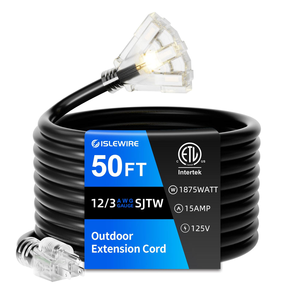 Islewire 50ft outdoor extension cord with 3 outlets powers garage and garden tools.