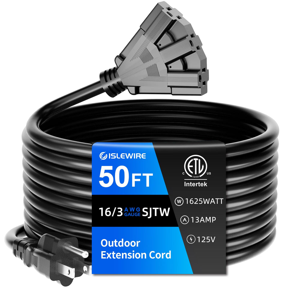 Islewire 50 ft outdoor extension cord with three outlets for extended outdoor power access.