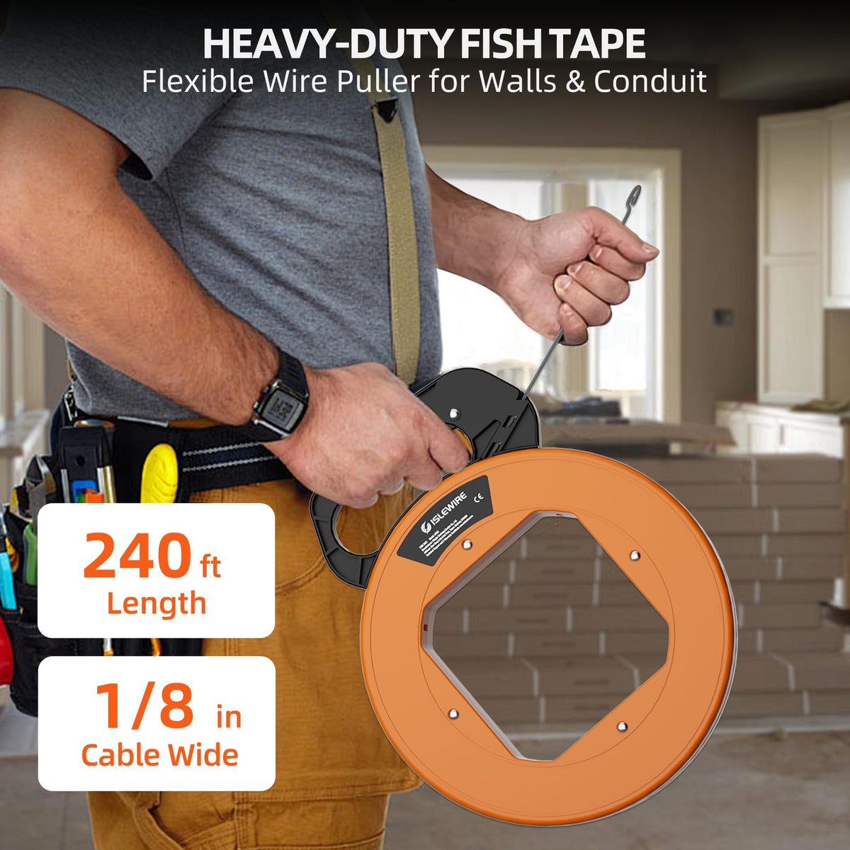 Islewire fish tape shows ergonomic handle and durable housing for comfortable use.