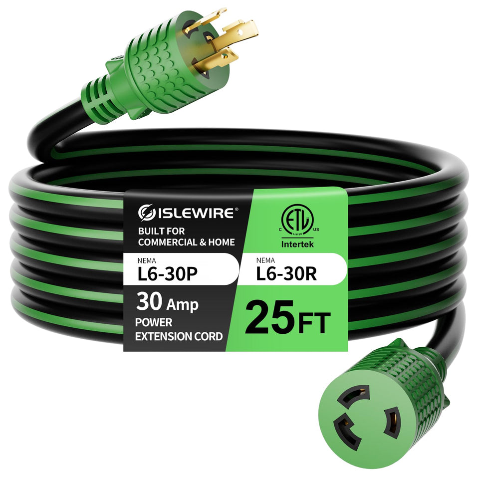 Islewire NEMA L6-30 extension cord with green stripe for outdoor use and safety.