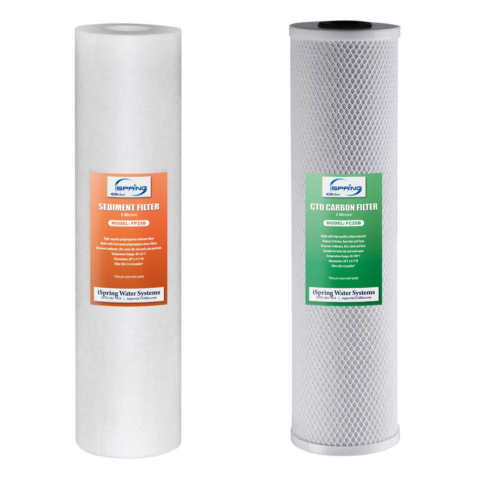 iSpring F2WGB22B sediment cartridge reduces fine particles for clearer water.
