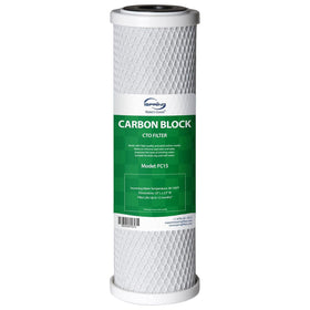 iSpring FC15 carbon-block filter close-up showing chlorine removal
