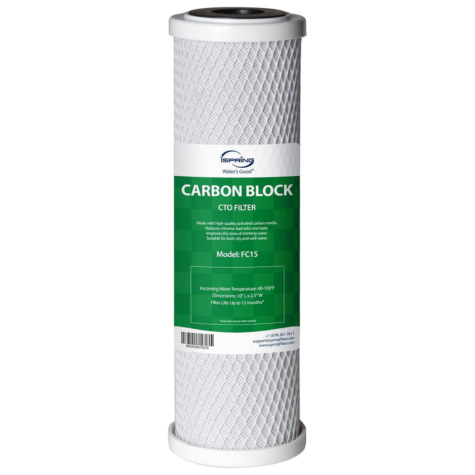 iSpring FC15 carbon-block filter close-up showing chlorine removal