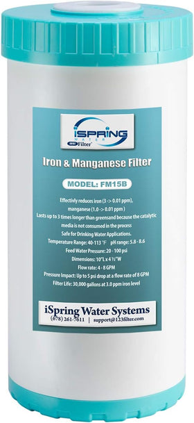 iSpring FM15B iron-manganese reducing cartridge for home filtration.
