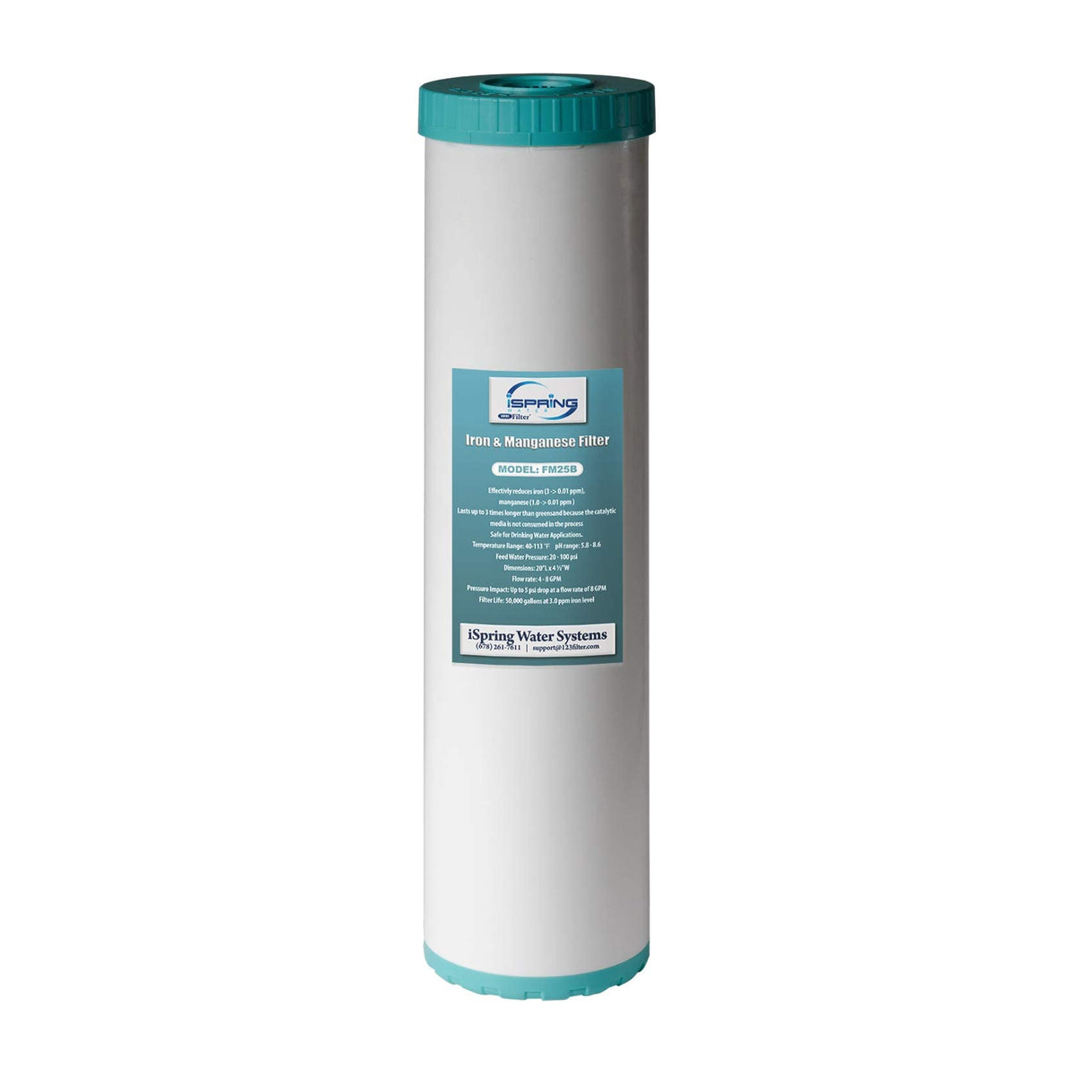 iSpring FM25B cartridge front view for efficient iron and manganese reduction at home.