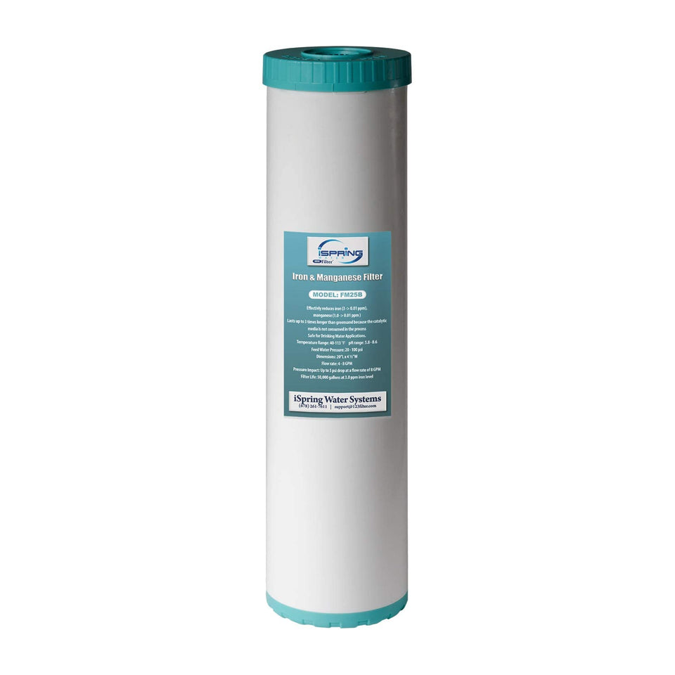 iSpring FM25B cartridge front view for efficient iron and manganese reduction at home.