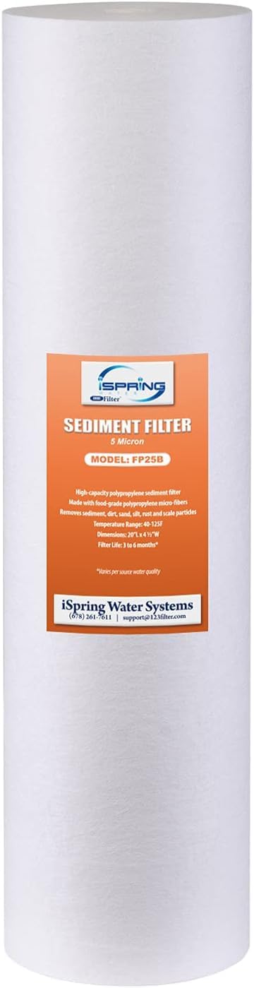 iSpring FP25B sediment filter reduces dirt and rust for cleaner water.
