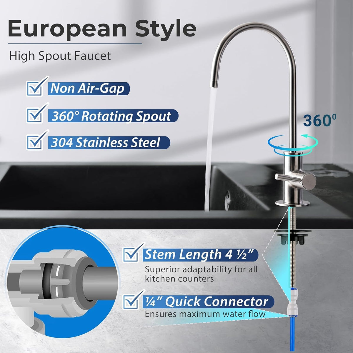 iSpring GA1-BN food-grade 304 stainless steel for durable, safe construction