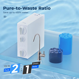 ispring RO500AK-BN 2:1 pure-to-waste ratio graphic demonstrating wastewater reduction