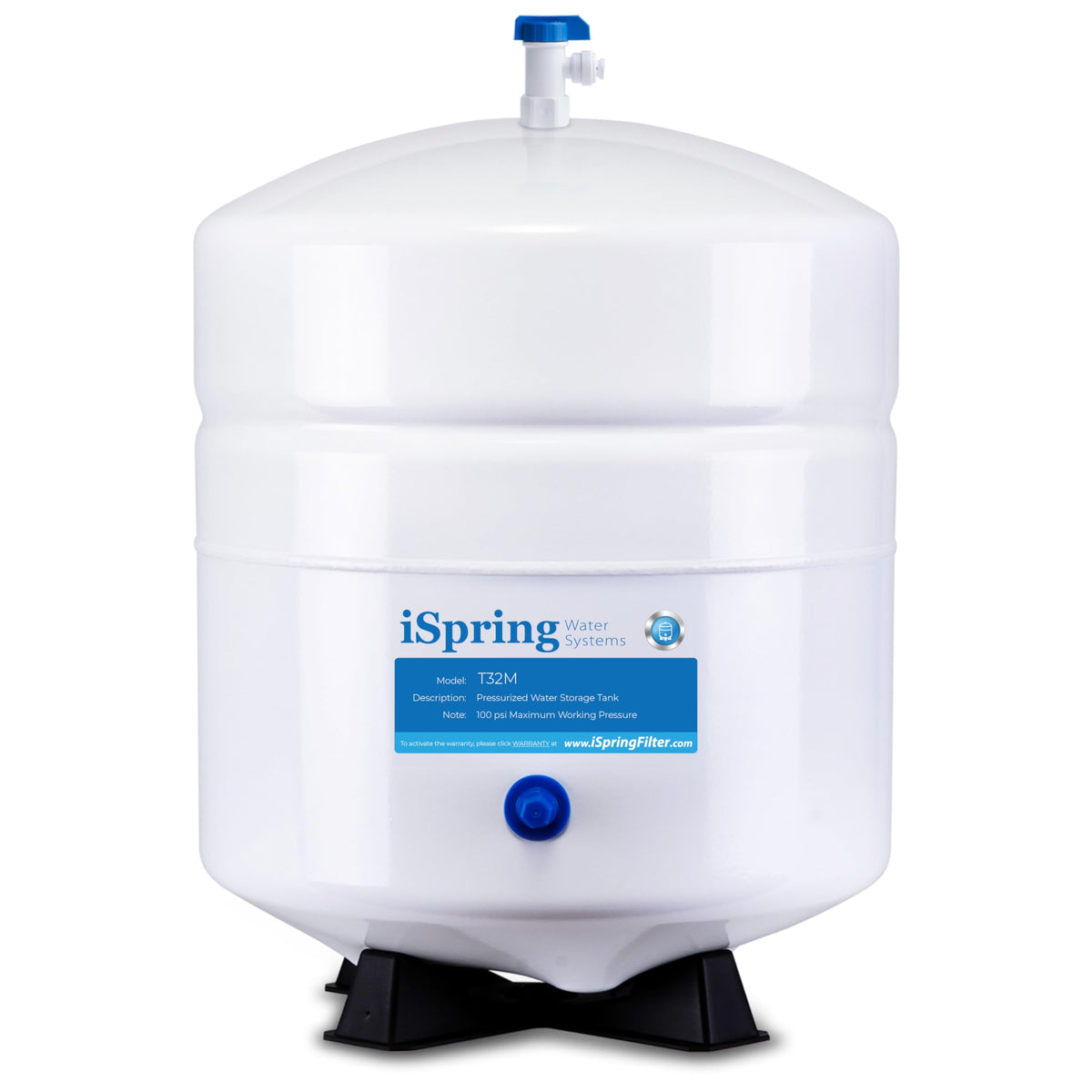 iSpring T32M tank side view showing durable stainless connections for safe water storage.