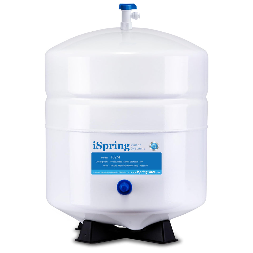 iSpring T32M tank side view showing durable stainless connections for safe water storage.