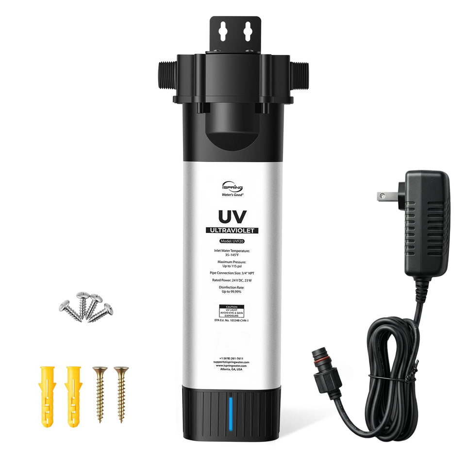 Exterior view of iSpring UVF20 showing compact whole-house water treatment setup