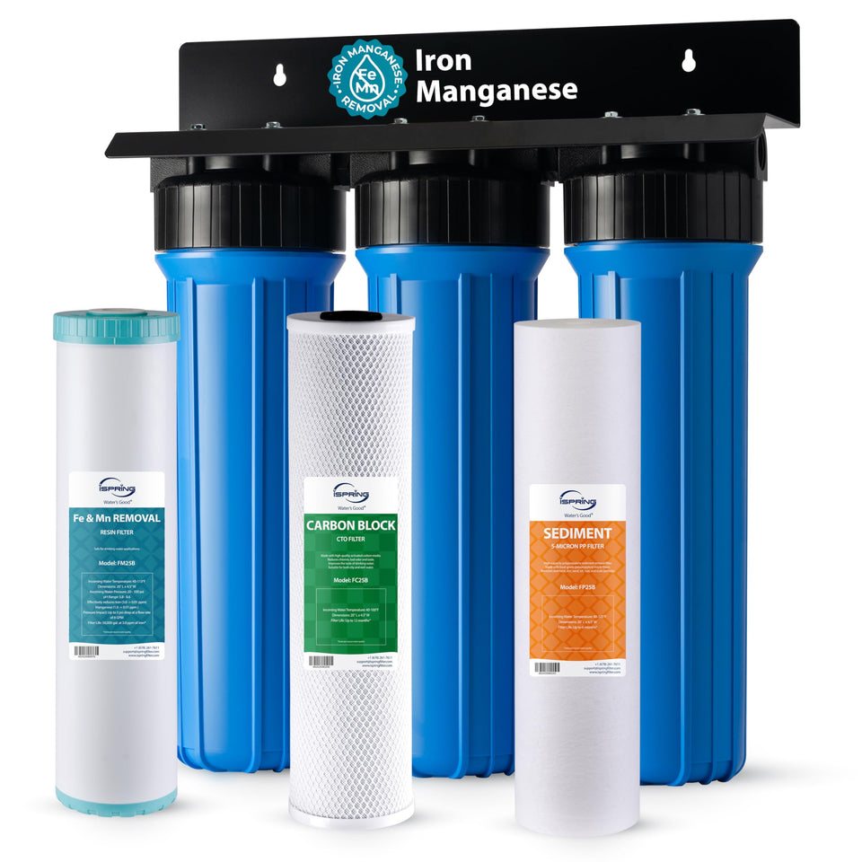 iSpring WGB32BM system front view for whole-house filtration and clean water supply.