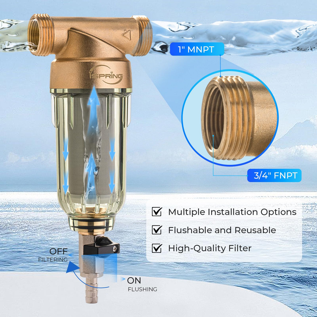 iSpring WSP-100 lead-free brass head ensures durable filtration.