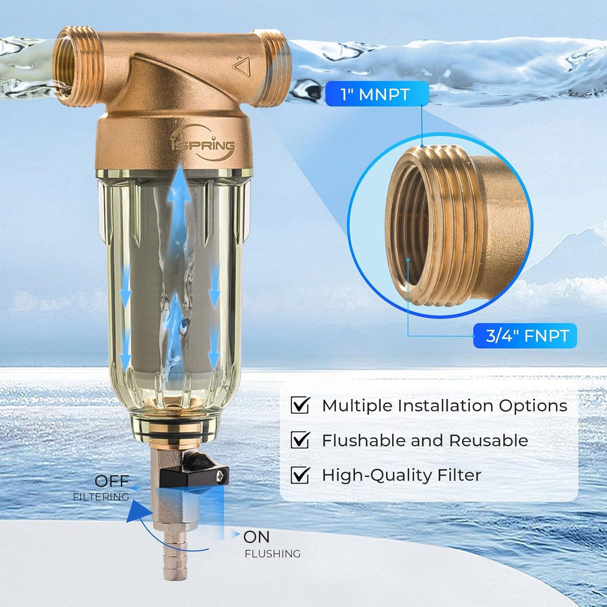 iSpring WSP-50 spin-down brass head and stainless mesh for durability