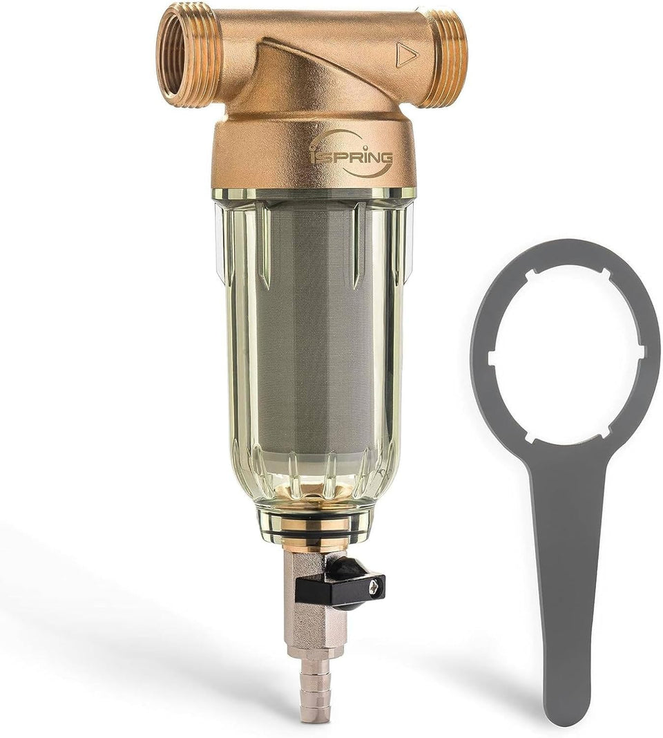iSpring WSP-50 spin-down filter front view showing compact brass head for whole-house protection