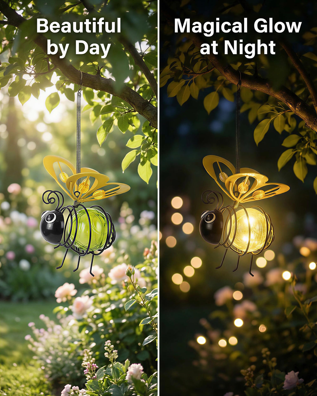 iStatue bee light emits yellow glow along textured glass body at night