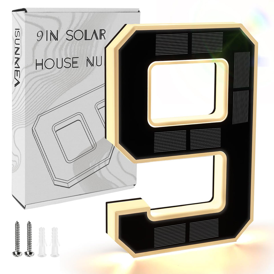 ISUNMEA 9-inch solar house numbers seen from the front at night.