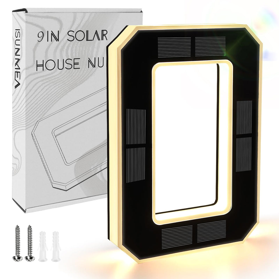 ISUNMEA 9-inch solar house number front view showing readable digits at night.