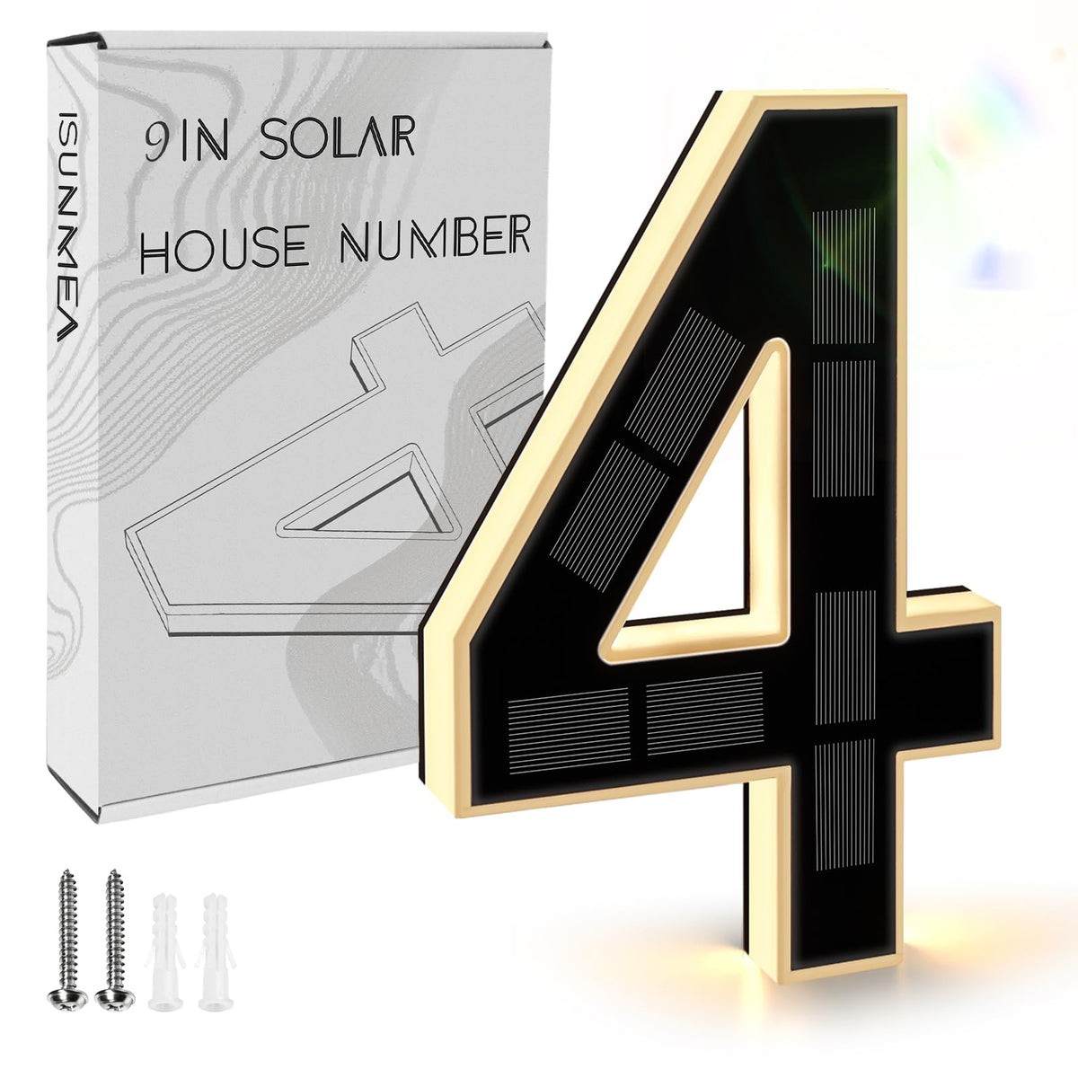 ISUNMEA 9 inch solar lighted house numbers exterior silhouette illuminate at night.