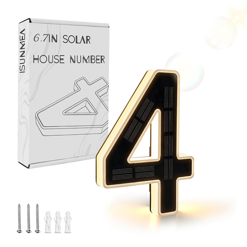 ISUNMEA solar house numbers for outdoor use with front view and warm glow