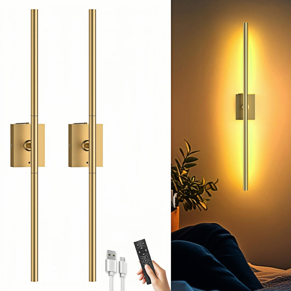 iThird battery-operated wall sconce in gold, front view, adds warm ambiance to living rooms
