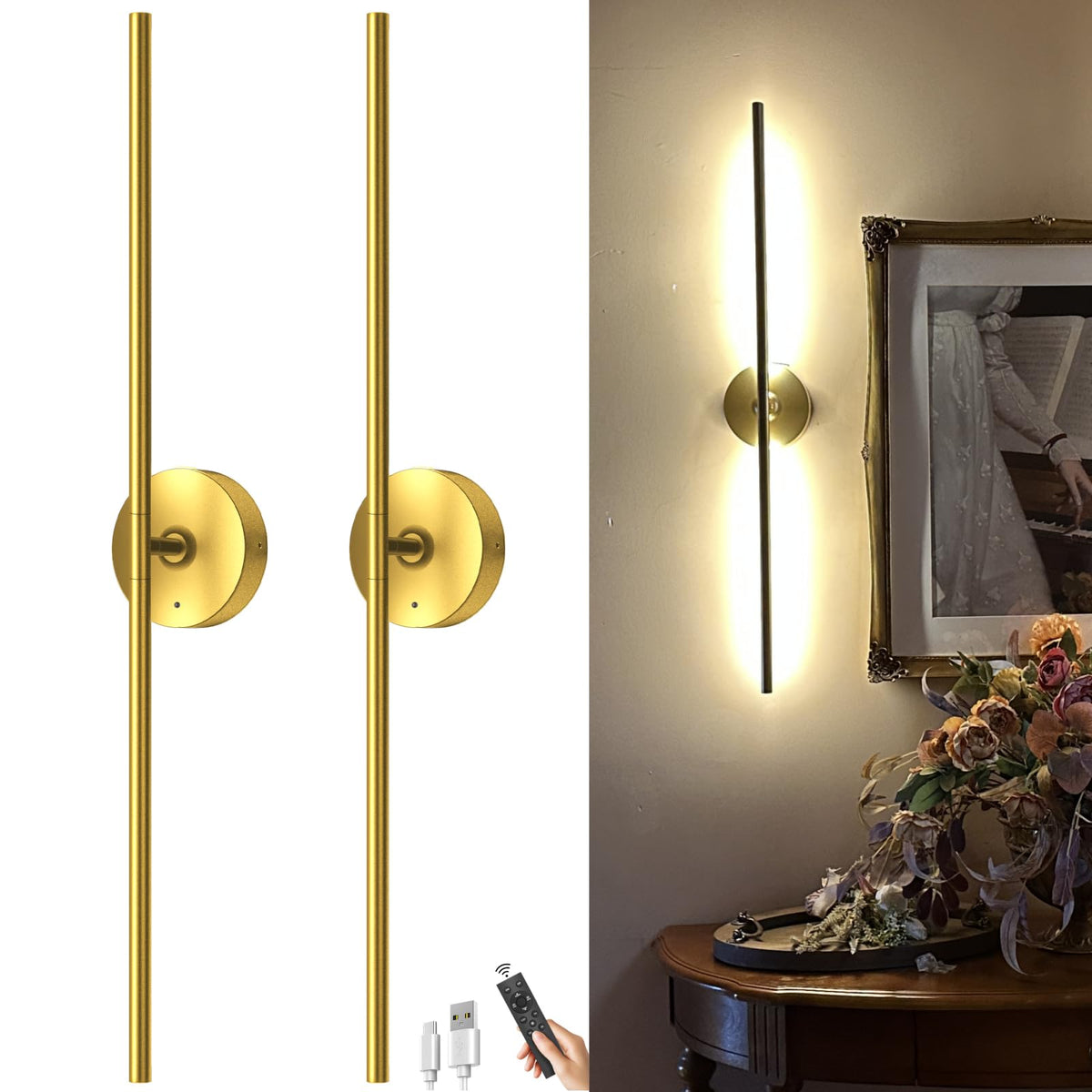 iThird battery wall sconces set of two in gold with wire-free installation.