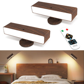 iThird battery-powered wall sconce in wood finish, 2-pack, ideal for ambient lighting.