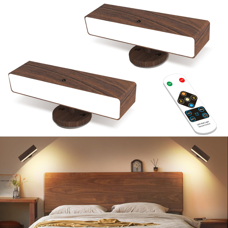 iThird battery-powered wall sconce in wood finish, 2-pack, ideal for ambient lighting.