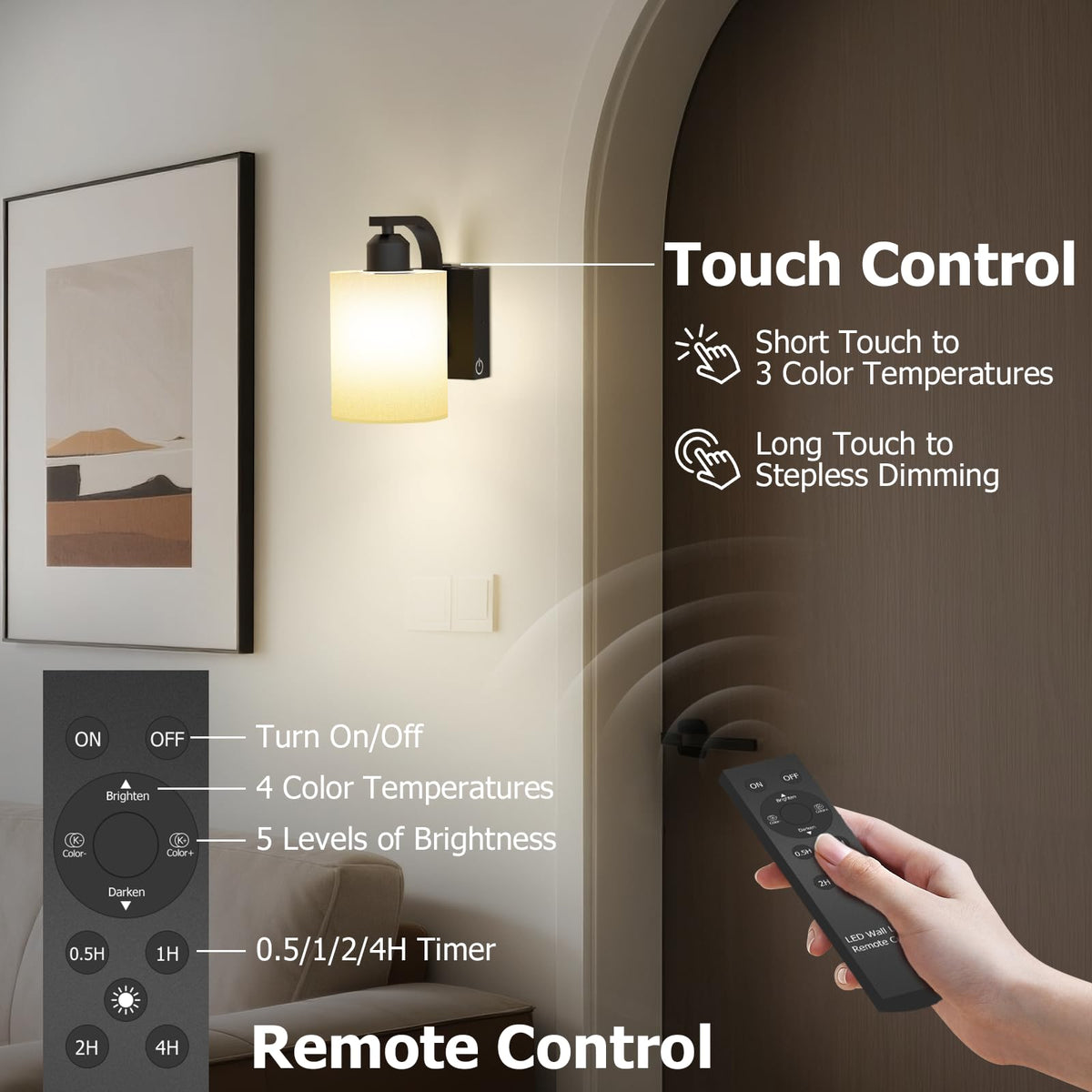 iThird wall sconce touch-control close-up demonstrates seamless color temperature and brightness control