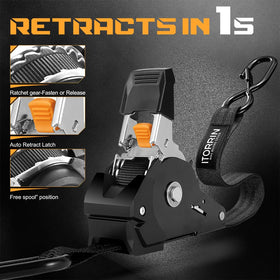 ITORRIN retractable strap securing motorcycle on a trailer with secure hook.