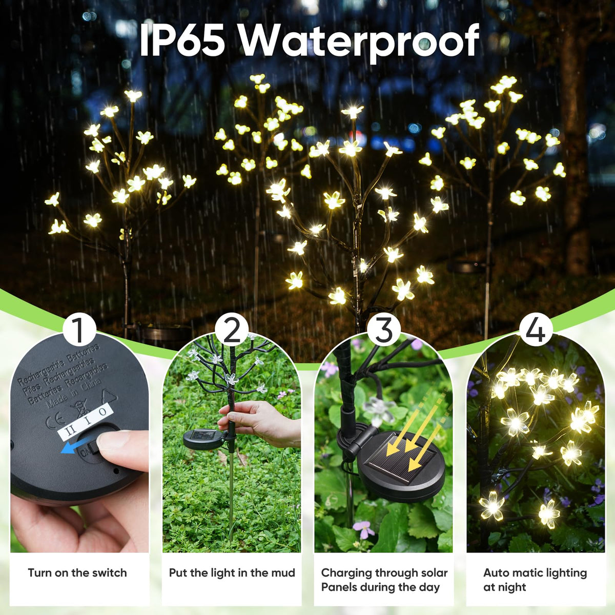 IUEECEN cherry blossom close-up showing 20 LEDs per stake