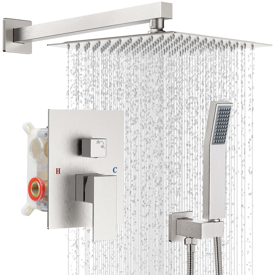 IUERASD shower set with 10-inch square rainfall head offers broad coverage for a spa-like shower