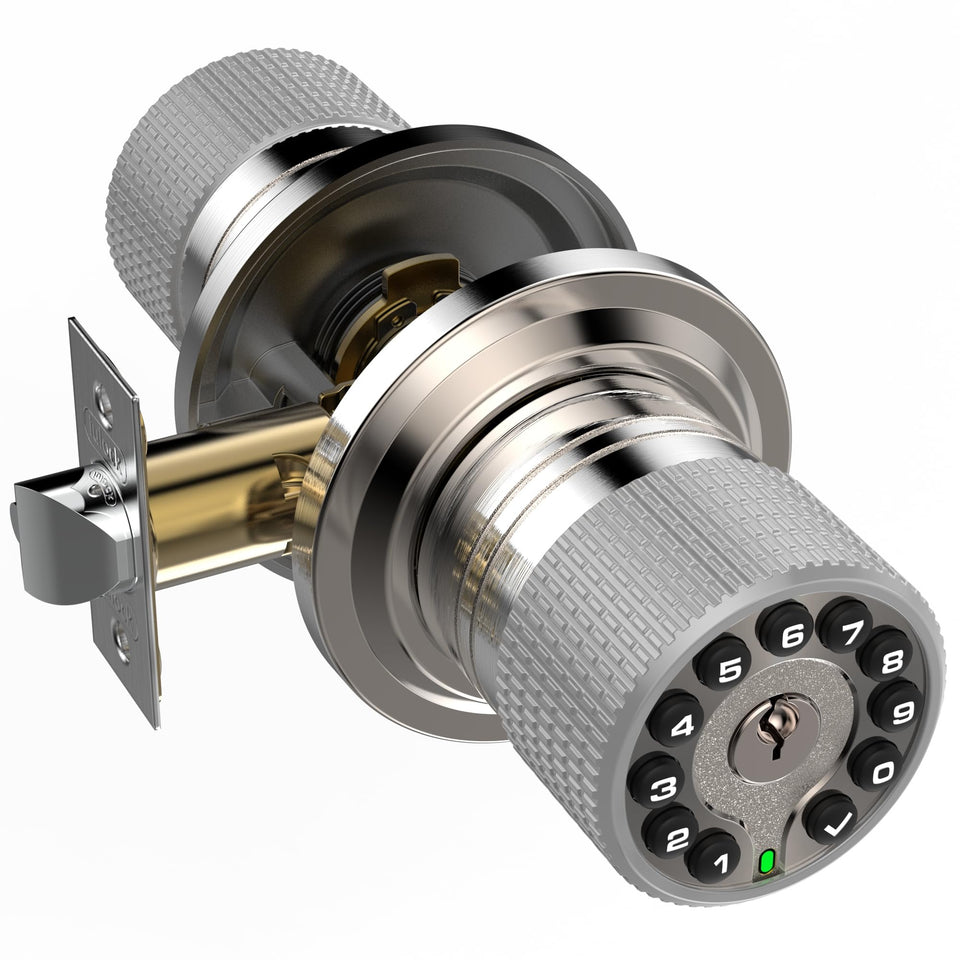 iulock Smart Door Knob keypad close-up with backlit numbers for night access.
